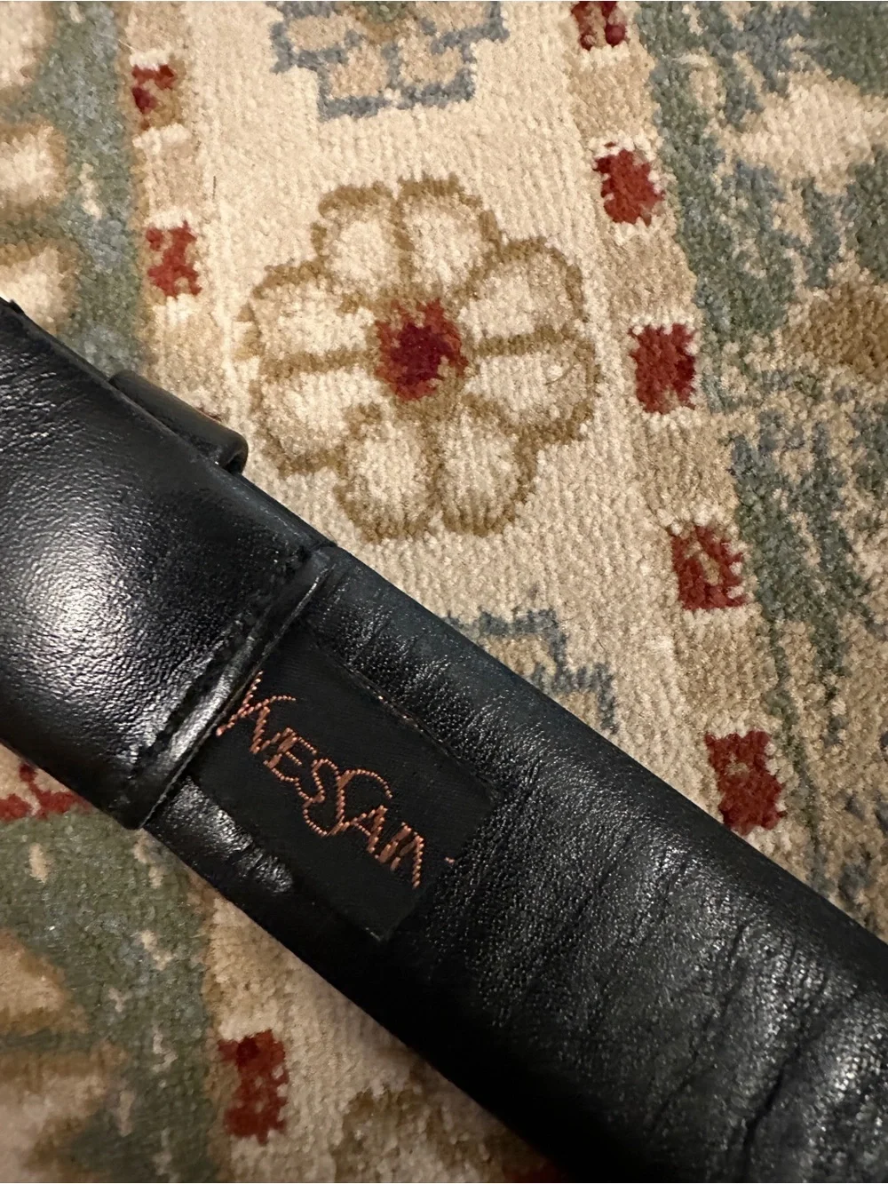 Vintage Yves Saint Laurent Black Leather Belt with Gold YSL Logo Buckle